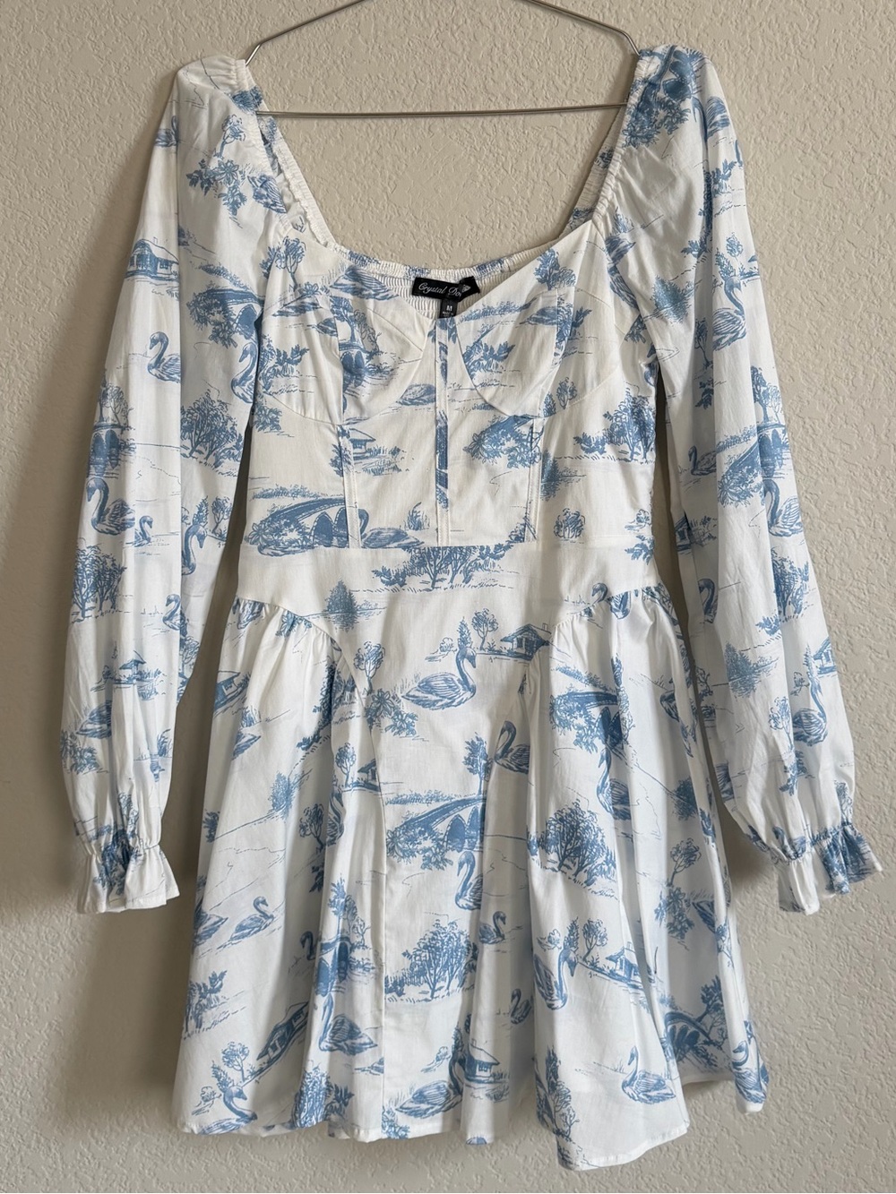 Francesca’s Swan Toile Basque Waist Long Sleeve Mini Dress